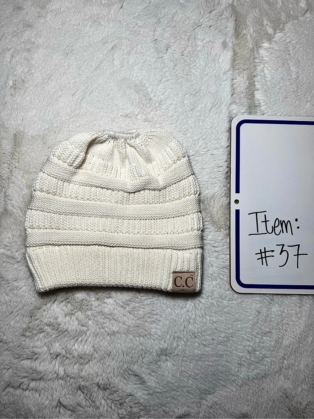 C.C Ribbed Knit Ponytail Beanie Cream